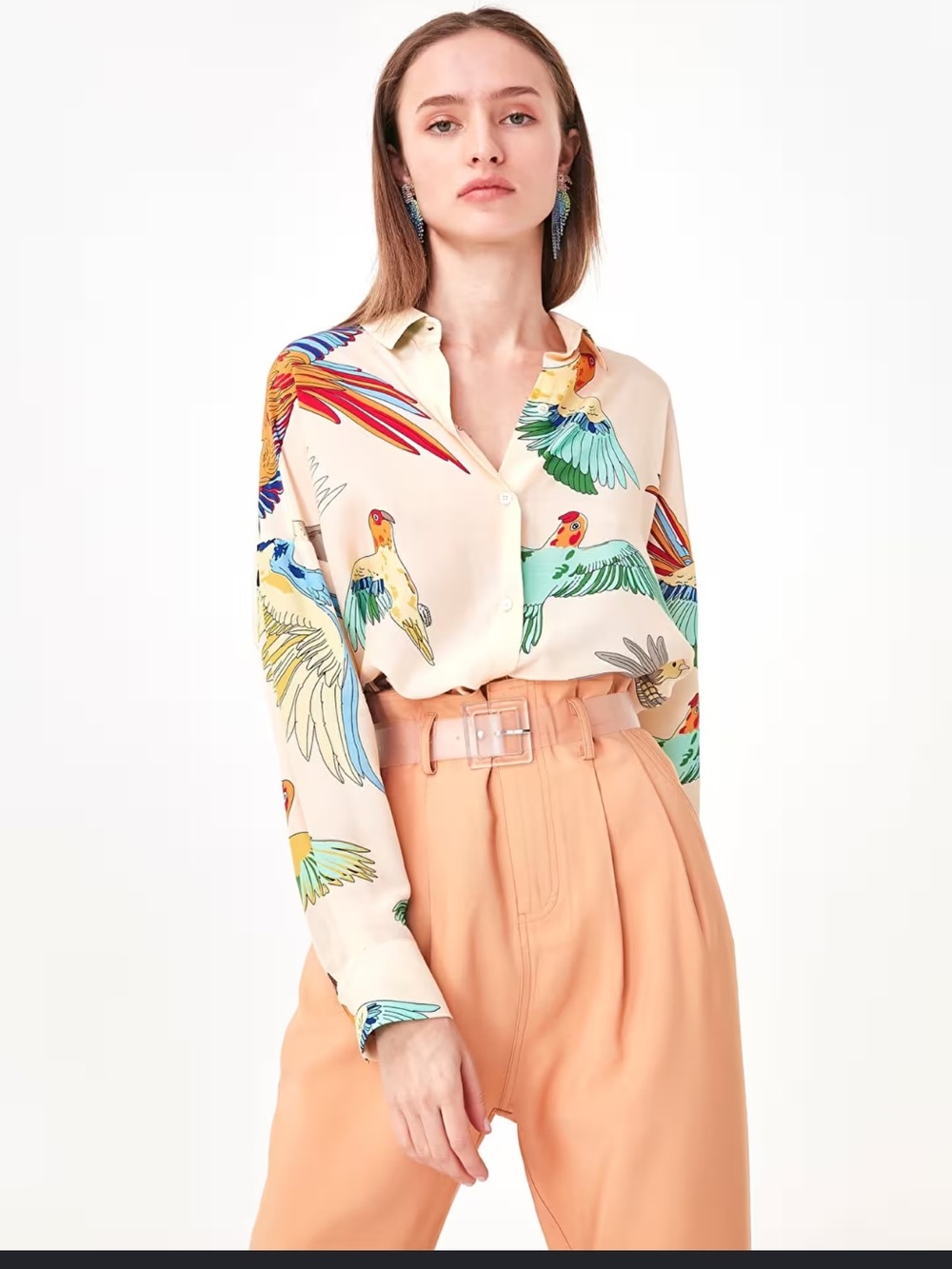 Tropical Parrot Print Button-Up Blouse in Cream & Multicolor
